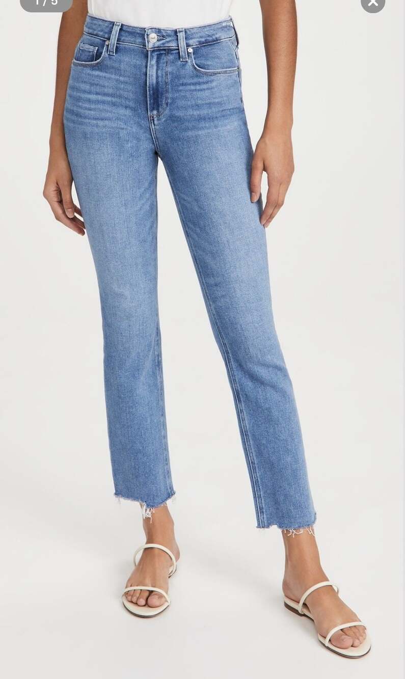 PAIGE Cindy High Rise Slim Straight Jeans Cowgirl Distressed Light Wash Size 31